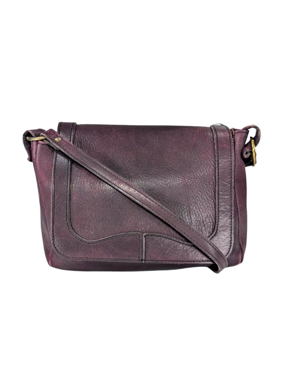 Vintage Eggplant Purple Leather Flap Messenger Shoulder Bag Boho Hippie Fall